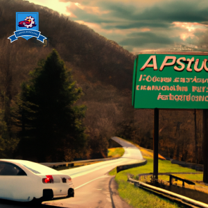 An image of a car driving down a winding road in the mountains of West Virginia, with a sign for "Auto Insurance in Petersburg" in the background