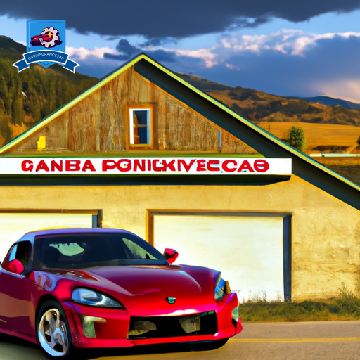 An image of a shiny red sports car parked in front of a local insurance agency in Plentywood, Montana