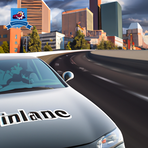 An image of a car driving through downtown Spokane, Washington with the city skyline in the background, showcasing the need for reliable auto insurance in the area