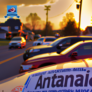 An image of a bustling Tullahoma street lined with cars, each one displaying a different auto insurance company logo on their bumper stickers
