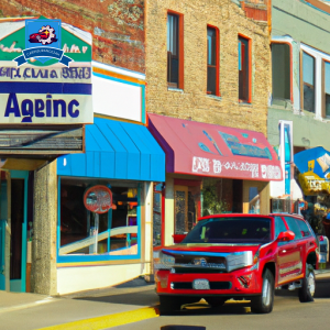 Ing main street in Vermillion, South Dakota lined with colorful storefronts and cars, with a local insurance agency sign prominently displayed