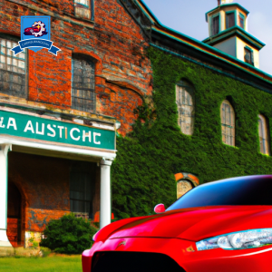 An image of a shiny red sports car parked in front of a historic brick building with a sign that reads "Auto Insurance in Wakefield, Rhode Island
