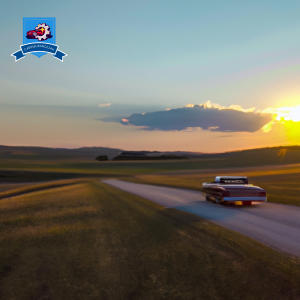 An image of a vintage car driving down a rural road in Winner, South Dakota, with the sun setting behind the rolling hills in the background