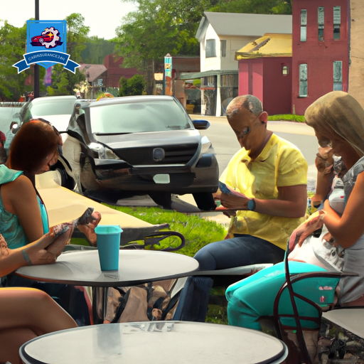 An image of a diverse group of people in Berkeley Springs, West Virginia comparing auto insurance quotes on their smartphones while sitting outside a local coffee shop