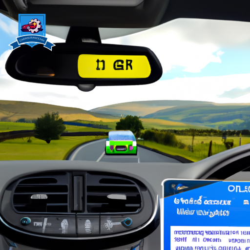 An image of a car driving through the scenic countryside of Blaenau Gwent, Wales, with a digital device displaying multiple auto insurance quotes on the dashboard