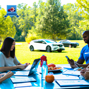 An image of a diverse group of people comparing auto insurance quotes on laptops while sitting at a picnic table in a park in Collierville, Tennessee