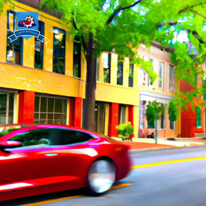 An image of a sleek, modern car driving through the vibrant streets of Columbia, South Carolina