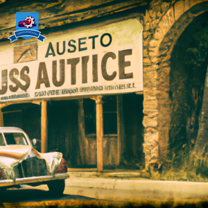 An image of a vintage car parked on a dusty road in Deadwood, South Dakota, with a sign reading "Auto Insurance Quotes" in front of a rustic western building