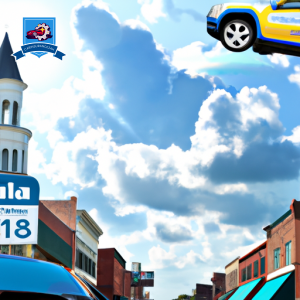 Ic of a car driving through downtown Dillon, South Carolina with various auto insurance logos floating in the sky above
