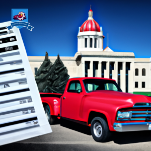 An image of a vintage red pickup truck parked in front of the Capitol building in Fort Pierre, South Dakota