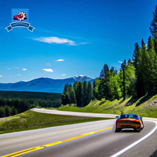 image of a scenic mountain road in Hamilton, Montana, with a sleek sports car driving through, surrounded by lush forests and a clear blue sky