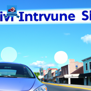 An image of a car driving through downtown Hartsville, South Carolina with insurance quote bubbles floating above it