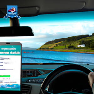 An image of a car driving through the scenic coastal roads of Inverclyde, with a digital display showing various auto insurance quotes on the dashboard