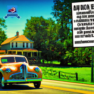 An image of a vintage car driving through the picturesque countryside of Lawrenceburg, Tennessee, with a digital overlay showing auto insurance quotes floating above the vehicle