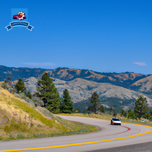 An image of a mountainous landscape in Lewistown, Montana with a car driving on a winding road, surrounded by pine trees and a clear blue sky