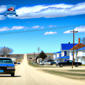 An image of a car driving through the scenic countryside of Milbank, South Dakota, with the town's charming Main Street in the background and a clear blue sky overhead