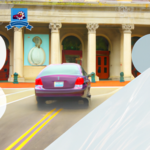 An image of a car driving through downtown Norfolk, passing by various landmarks like the Chrysler Museum of Art, with a digital overlay of auto insurance quote calculations