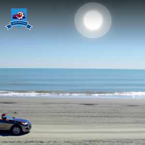 An image of a sandy beach in North Myrtle Beach, South Carolina with a sleek sports car driving along the coast