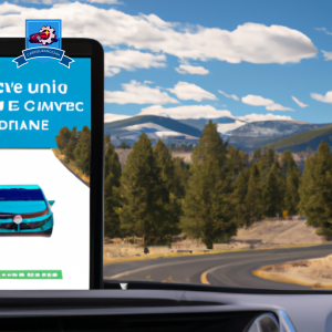 An image of a car driving through the scenic landscapes of Prineville, Oregon with a digital screen displaying various auto insurance quotes