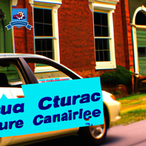 An image of a car driving through the quaint streets of Seneca, South Carolina with a colorful array of auto insurance quote pamphlets flying out the window