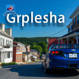 An image of a car driving through the rolling hills of Shepherdstown, West Virginia, with a background of quaint houses and a clear blue sky