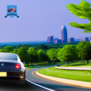 An image of a sleek silver car driving on a winding road surrounded by lush green trees, with the Sterling, Virginia skyline in the background
