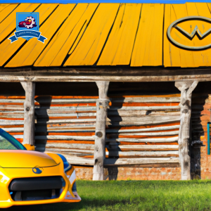 An image of a bright yellow sports car parked in front of a rustic barn in Wagner, South Dakota