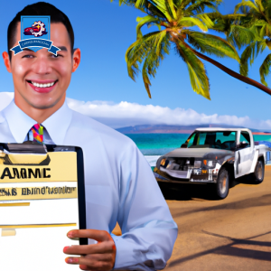 An image of a tropical beach in Waipahu, Hawaii with a car insurance agent standing next to a palm tree, smiling and holding a clipboard with auto insurance quotes