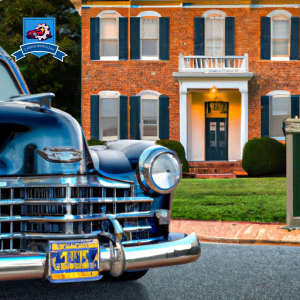 An image of a vintage car parked in front of historic colonial architecture in Williamsburg, Virginia