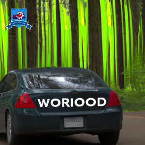 Graphic of a car driving through a lush green forest with the sun shining through the trees