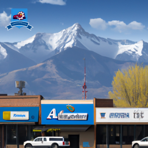 An image of a bustling main street in Baker City, Oregon, with a row of insurance offices showcasing logos of the top auto insurance companies, set against a backdrop of the scenic Elkhorn Mountains