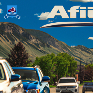 An image of a Great Falls, Montana street lined with cars, each bearing the logo of a top auto insurance company