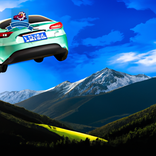 An image of a car driving through the scenic mountains of Hardin, Montana with various auto insurance company logos floating in the sky
