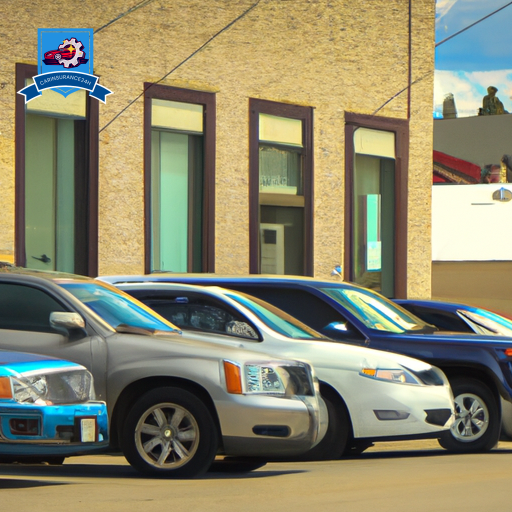 An image of a sunny day in Havre, Montana with a row of cars parked in front of a local insurance office