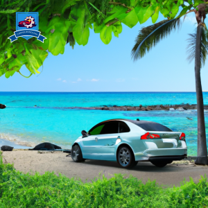 An image showcasing a serene beach in Kailua Kona, Hawaii with a luxury car parked in front