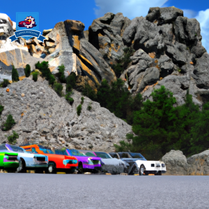 An image showcasing a scenic view of Mount Rushmore in Keystone, South Dakota, with a variety of colorful cars symbolizing different auto insurance companies