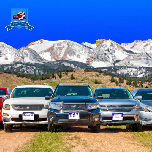 An image showcasing a row of diverse vehicles parked in front of the picturesque Snowy Range Mountains in Laramie, Wyoming
