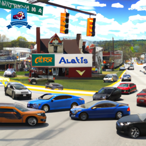An image of a busy intersection in Lynchburg, Virginia with various cars, each representing a different auto insurance company