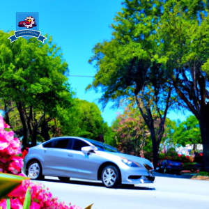 An image of a sleek, modern car driving down a tree-lined street in Mount Pleasant, South Carolina