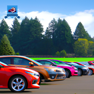 An image featuring a diverse array of cars with different makes and models, parked in front of the beautiful scenic landscapes of Newberg, Oregon