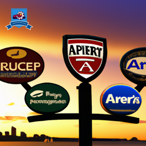 An image showcasing various auto insurance logos against a backdrop of the Perth Amboy skyline at sunset, highlighting the top insurance companies in the area