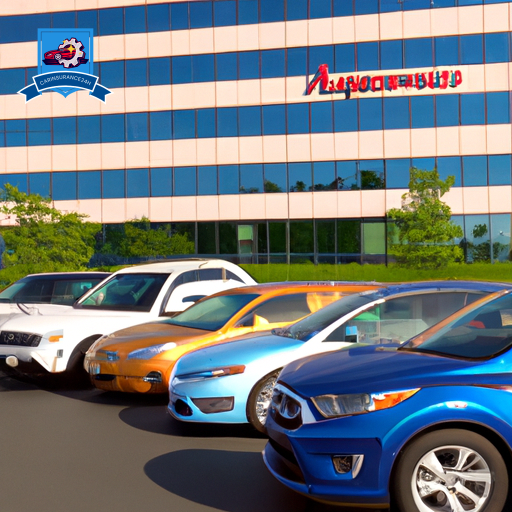 An image of a diverse group of cars parked in front of a modern office building in Piscataway, New Jersey, representing the best auto insurance companies in the area