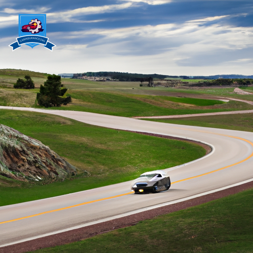 An image of a winding road through the scenic Black Hills of South Dakota, with a sleek car driving along the route