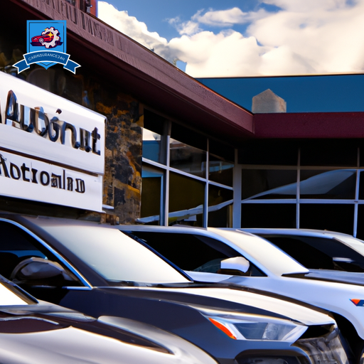 An image featuring a lineup of sleek, modern cars parked in front of an office building with the words "Best Auto Insurance Companies in Seward" displayed on a sign