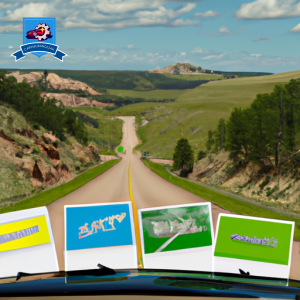 An image featuring a scenic drive through the Black Hills of South Dakota, showcasing a variety of vehicles with different auto insurance company logos on their windshields
