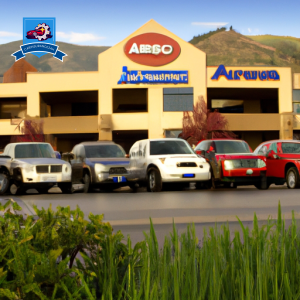 An image of a diverse group of happy residents in Wenatchee, Washington standing in front of a row of top-rated auto insurance company buildings, each with their logo prominently displayed