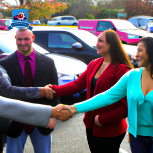 image of a diverse group of people smiling and shaking hands in front of a row of shiny, colorful cars parked in front of the Best Auto Insurance Companies in West Warwick, Rhode Island