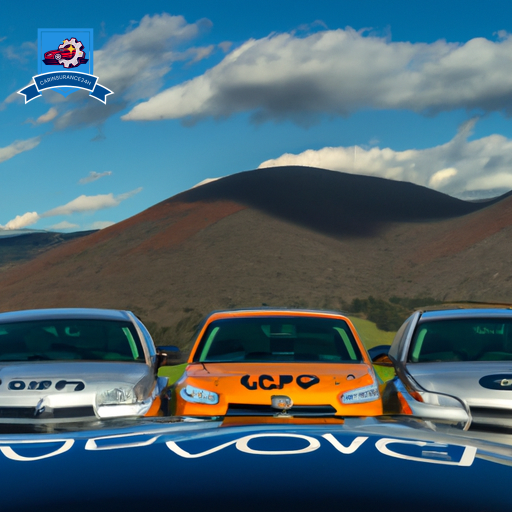 An image of a diverse group of vehicles lined up in front of a scenic mountain backdrop in Wytheville, Virginia, showcasing different auto insurance company logos on each car