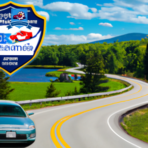 An image of a scenic road winding through the picturesque town of Bridgton, Maine, with various car insurance company logos subtly incorporated into the landscape