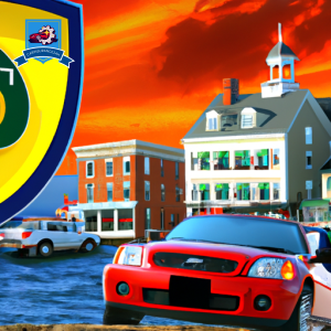 An image of a vibrant, coastal town in Charlestown, Rhode Island with a variety of car insurance company logos superimposed on top to represent the best options available